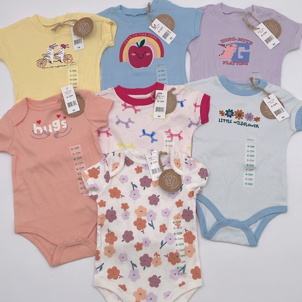 Baby Girl Eco-friendly Organic Cotton Short Sleeve Onesies - 7 outfits - 6-12M‎